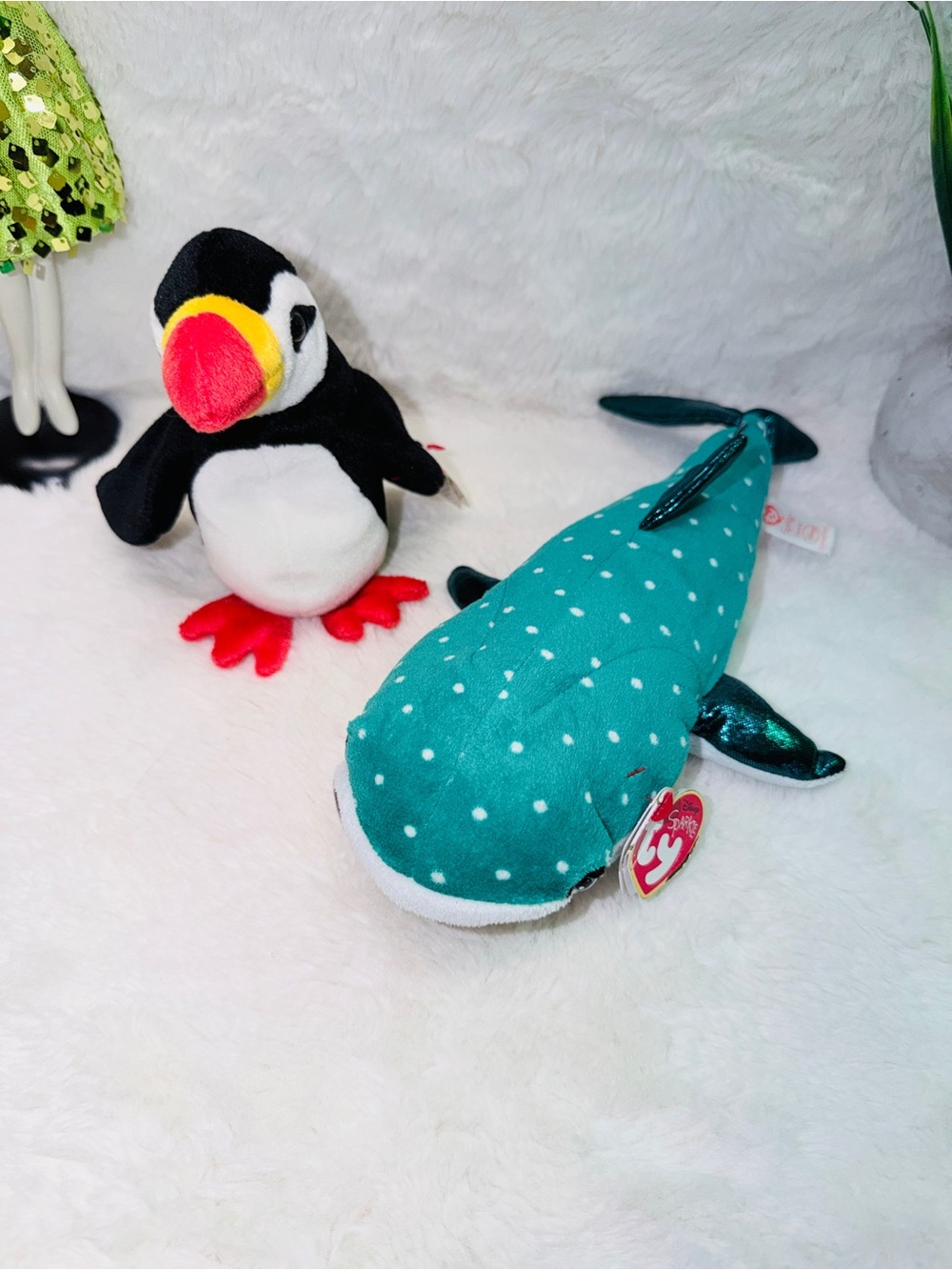 Ty Destiny Teal Polka Dot Whale Plush with Shiny Fins & Puffer Penguin Toys 🐧